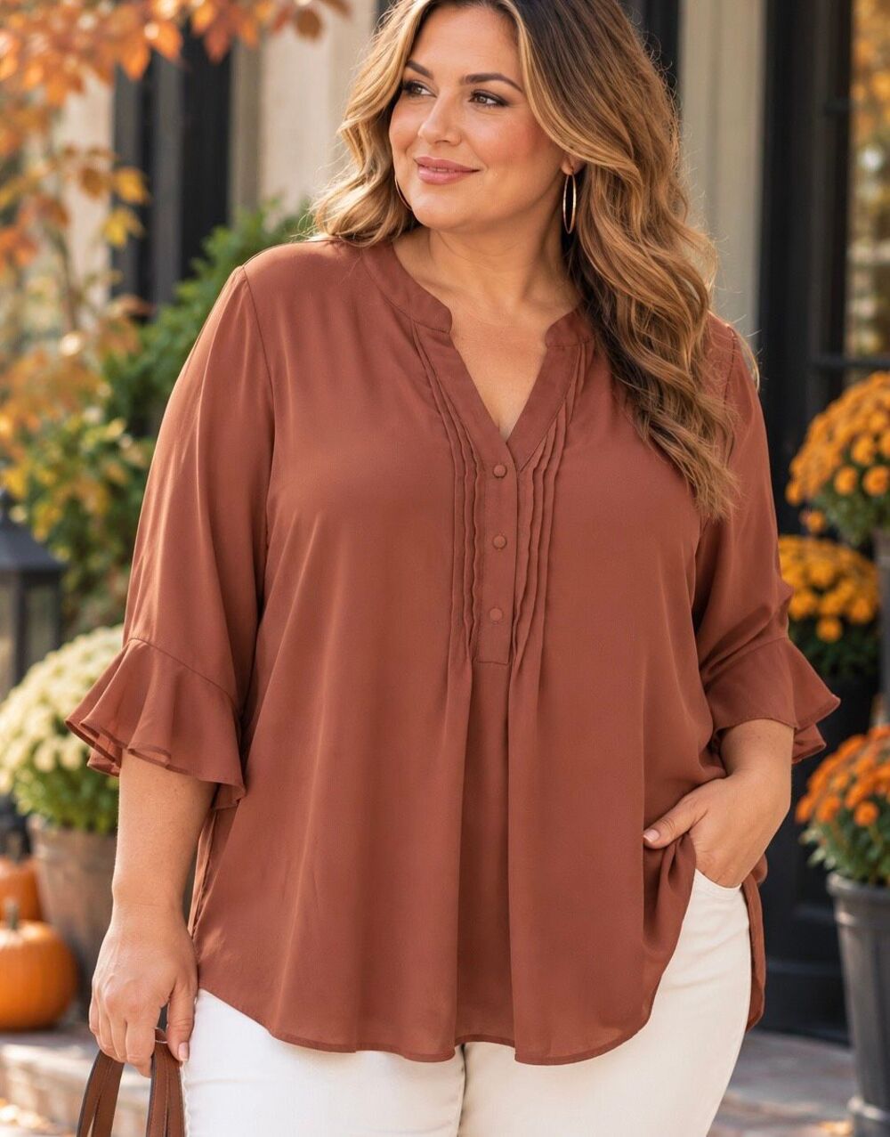 Nordstrom Rack 3X Rust Ruffle Sleeve Pintuck Tunic Blouse Plus Size